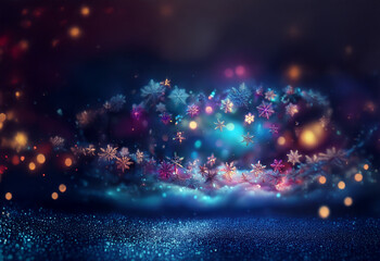 A snowy winter scene with a flurry of delicate snowflakes illuminated by colorful bokeh lights.