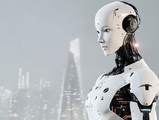 Fototapeta premium sleek futuristic robot with fully human face stands against cityscape, showcasing advanced technology and design. Its intricate features and glowing elements evoke sense of innovation and