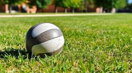 A volleyball resting on green grass in a park setting.