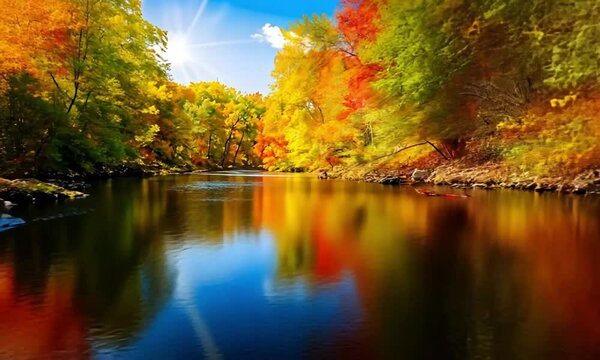 Red And Gold Leaves Along The River