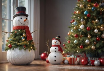 Tinsel wrapped Christmas tree with a snowman and festive decorations, sparkle, tree