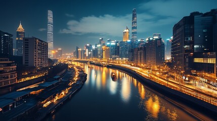 Nighttime cityscape with illuminated skyline and river.