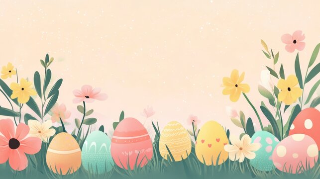 Design a cheerful copy space background for Easter, featuring pastel colors, decorative eggs, and whimsical spring flowers, offering a delightful and festive canvas for holiday greetings and messages.