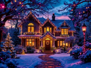 Suburban Christmas light display photography at dusk.