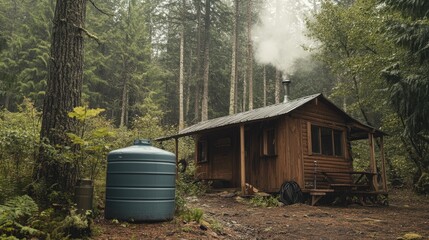 Obraz premium Cozy Wooden Cabin Surrounded by Lush Green Forest and Nature