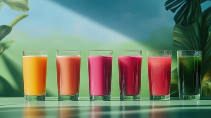 Refreshing Colorful Juices Displayed in Glasses on a Tropical Background Ideal for Healthy Lifestyle Promotions and Beverage Advertising