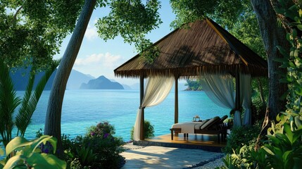 Fototapeta premium Tranquil Beachside Pavilion Surrounded by Lush Tropical Landscape