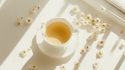 A Serene Tea Experience: A White Cup of Tea Surrounded by Fresh Daisies on a Bright Windowsill Bathed in Soft Natural Light