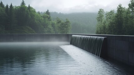 Naklejka premium Serene Waterfall Splashing Over Modern Concrete Dam in Misty Forest