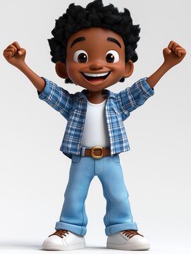 Cartoon black boy character with raised arms. Smiling happy boy. Casual clothing. Stylish cartoon design. Joyful expression. Positive vibes. Good for kids products. Educational media. Animated