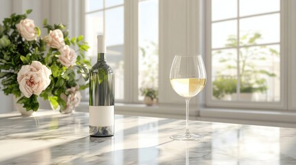 Elegant Table Setting with Wine Bottle and Glass in Bright Room Filled with Natural Light and Fresh Flowers, Perfect for Celebrations and Gatherings