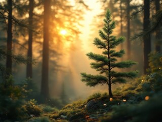 Obraz premium Sunrise paints a vibrant pine sapling scene.