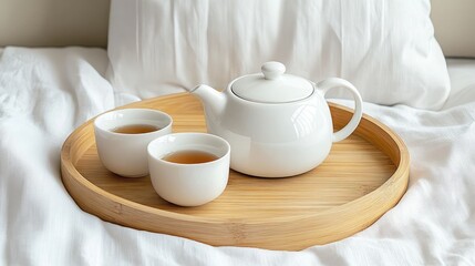 Fototapeta premium Elegant White Teapot and Cups on a Wooden Tray Surrounded by Soft Bedding in a Calm and Serene Indoor Setting for Relaxation and Enjoyment