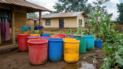 Colorful Water Storage Barrels Outside a Rural House in Africa