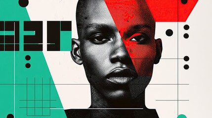 A bold, graphic portrait of a person's face with a red triangle covering half of it and a geometric...