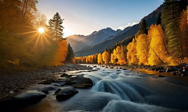 Sunlit River With Autumn Trees