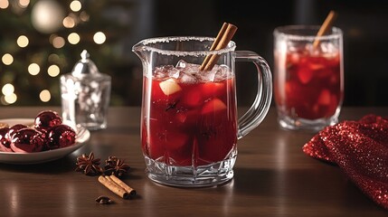 Fototapeta premium Festive Holiday Beverage in Glass Pitcher with Cinnamon Sticks and Fruits on Cozy Table Decorated for Christmas Celebration