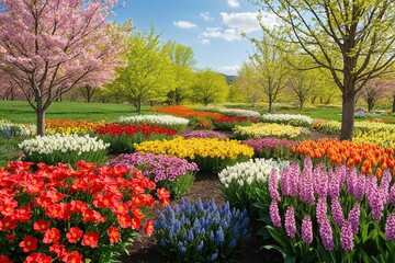 Vibrant Flower-Filled Landscape Welcoming Spring with Clear Skies and Joyful Nature