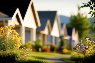 peaceful neighborhood with blooming flowers and charming houses