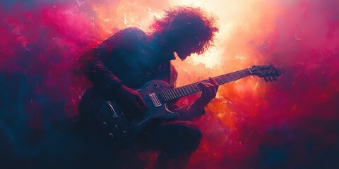 Dynamic Guitar Performance Under Vibrant Stage Lights with Bokeh Effect