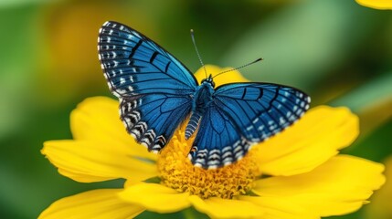 Fototapeta premium Vibrant Blue Butterfly on a Yellow Flower