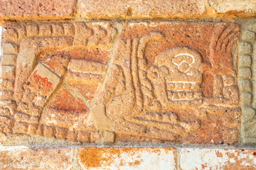 Pre-Hispanic stone engravings with animal figures in the archaeological zone of the pyramids of the Atlanteans, in Tula Hidalgo