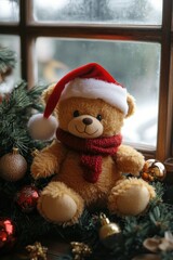 A festive teddy bear in a Santa hat and scarf, surrounded by Christmas decorations.