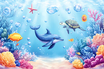Fototapeta premium Underwater World with Friendly Sea Creatures and Coral Reefs