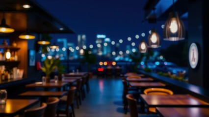 Experience Nightlife Vibes at a Modern Outdoor Restaurant with City Lights and Warm Ambiance