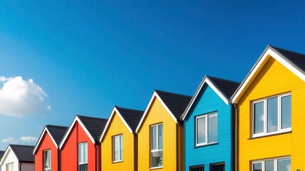 Colorful houses in row under clear blue sky, showcasing modern architecture