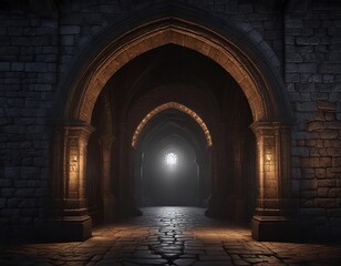 Naklejka premium Gothic archway with illuminated electric lights bordering the dark stone facade, mysterious, nighttime