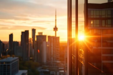 stunning sunset view over city skyline with reflections