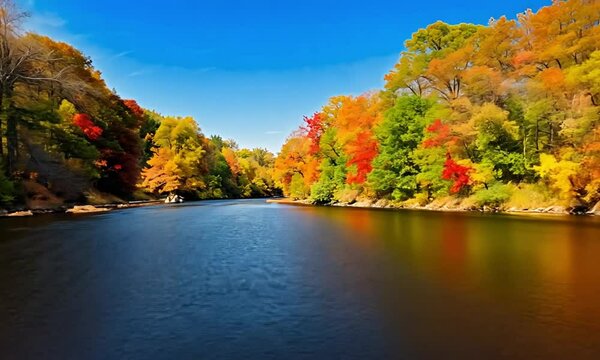 Sunlit River With Warm Fall Colors