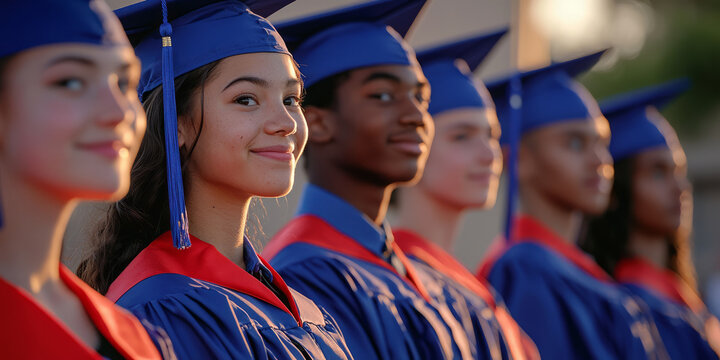 A group of multiethnic high school students wearing blue and red graduation gowns, standing in line for their ceremony, generative AI