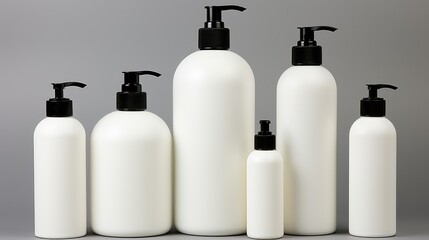 A collection of white pump bottles in various sizes, typically used for personal care products.