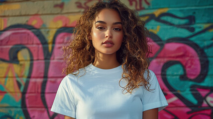 Fototapeta premium white woman T-shirt mockup concept. young woman with curly hair poses in white T shirt against colorful graffiti wall