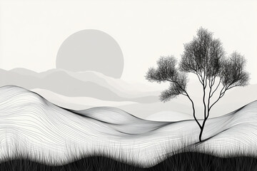 Abstract line art of a tree and mountain range on a sunny day