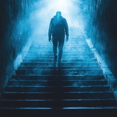 A solitary figure ascends misty stairs, illuminated by a bright light above.