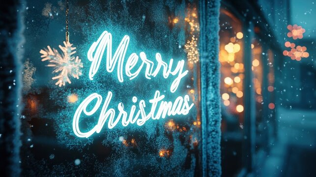 Presented on a frosted, icy blue window with Merry Christmas in glowing, white neon letters, surrounded by delicate snowflakes and a cold winter night sky.