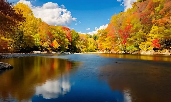Vibrant Autumn Scene By Quiet River