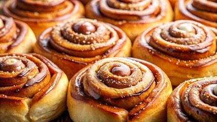 Sweet Baked Goods Close-Up of Golden Brown Cinnamon Rolls with Caramel Drizzle and Sugar Topping