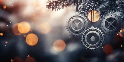 Steampunk Christmas Gear Ornaments on Festive Bokeh Background