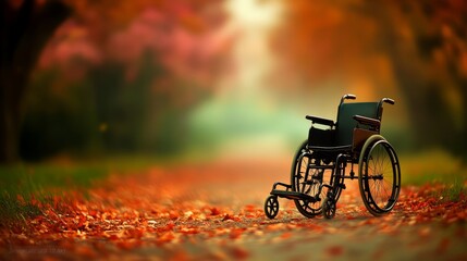 Obraz premium An empty grass field with autumn leaves, a wheelchair with a shallow depth of field focused on the wheelchair, blurring the background and creating a sense of isolation and anticipation. 