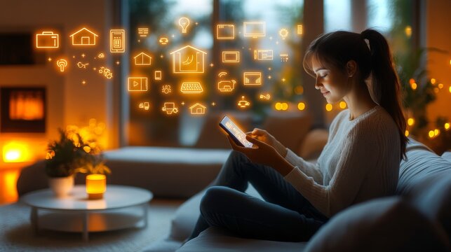 Exploring a holographic smart home control system at dusk in a modern living space