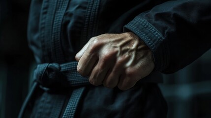A martial artist stands poised, tightening their belt in preparation for a training session. The atmosphere is focused and intense, with soft lighting creating a serene ambiance in the dojo.