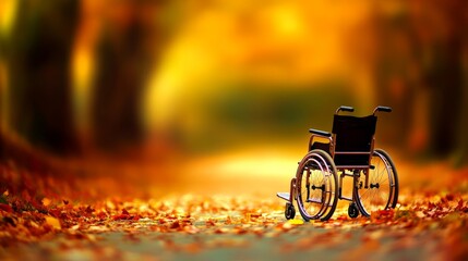 Fototapeta premium An empty grass field with autumn leaves, a wheelchair with a shallow depth of field focused on the wheelchair, blurring the background and creating a sense of isolation and anticipation. 