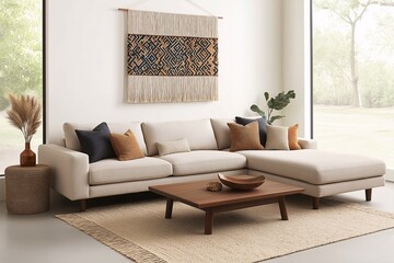 Fototapeta premium Spacious and Cozy Living Room Featuring a Modern Sectional Sofa, Stylish Decorative Pillows, and an Elegant Wall Hanging with Natural Light Streaming Through Large Windows