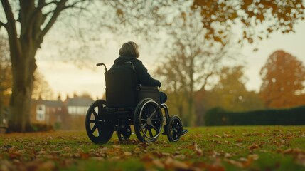 Fototapeta premium An empty grass field with autumn leaves, a wheelchair with a shallow depth of field focused on the wheelchair, blurring the background and creating a sense of isolation and anticipation. 
