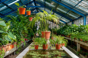 A vibrant greenhouse filled with a variety of lush potted plants, hanging planters, and tropical greenery 