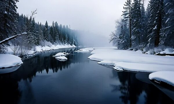 Winter River Flowing Through Snowy Scene